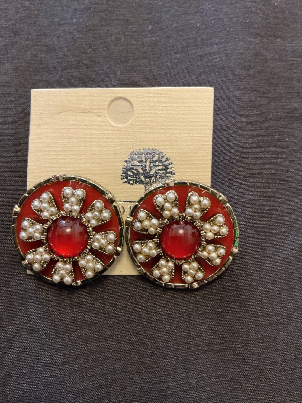 Red Round stud Earrings with Pearl Accents